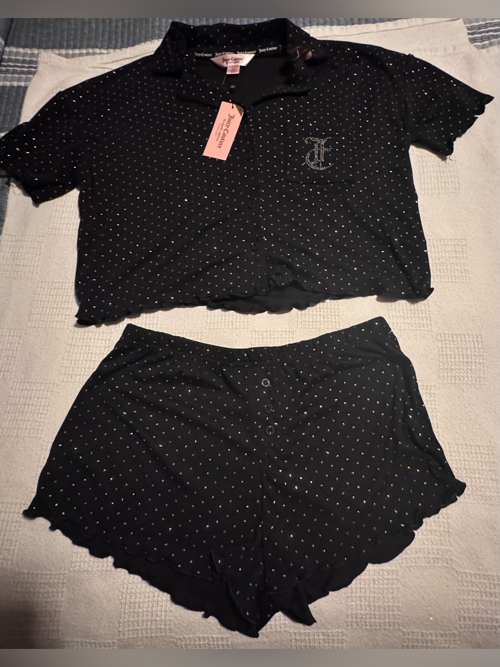 Juicy Couture Black Polka Silver Dot Cropped Pajama Set with Rhinestone Logo